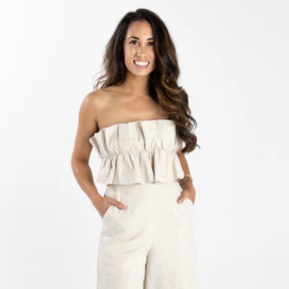 Azura Beige Ruffle Open Back Pockets Linen Capri Wide Leg Jumpsuit Small - Picture 10 of 11